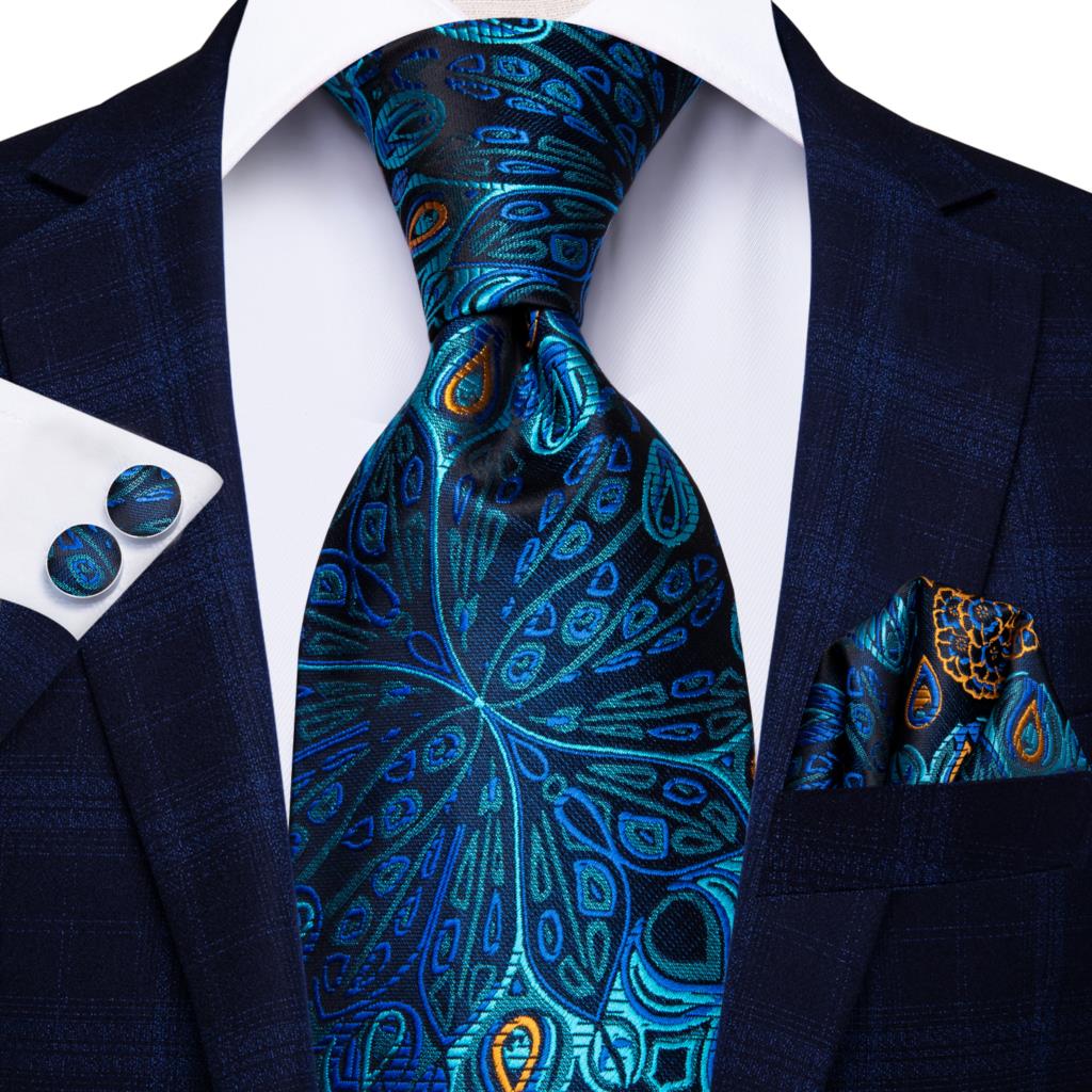 Hi-Tie Peacock Blue Novelty Design Silk Wedding Tie For Men