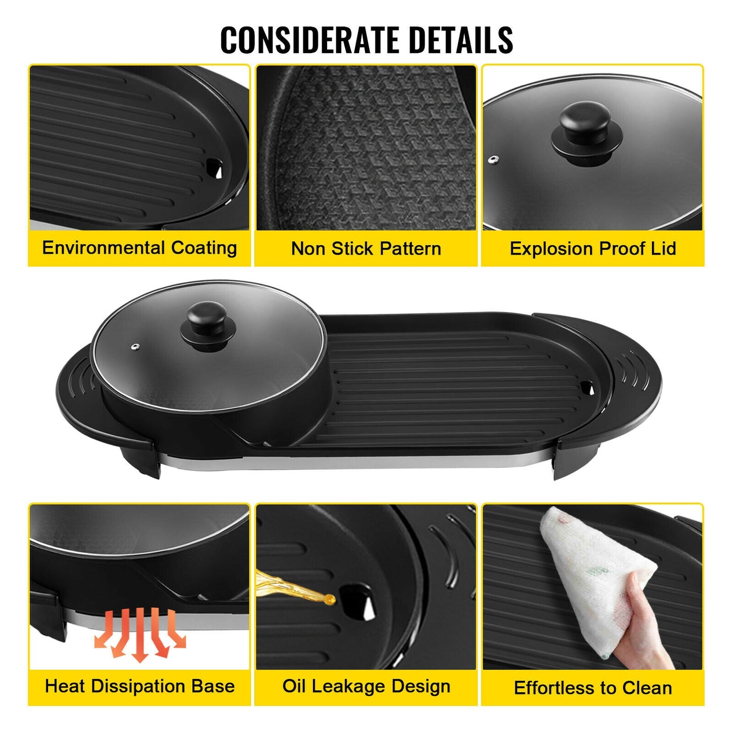 VEVOR 2 in 1 Electric BBQ Pan Grill Hot Pot Portable Smokeless Durable Material