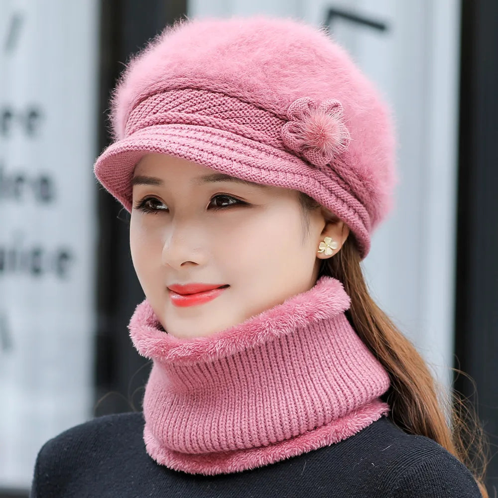 New Women Winter Hat Keep Warm Cap Add Fur Lined Hat & Scarf Warm Set Fashion Hat For Women Casual Faux Fur Flower Knitted Hat