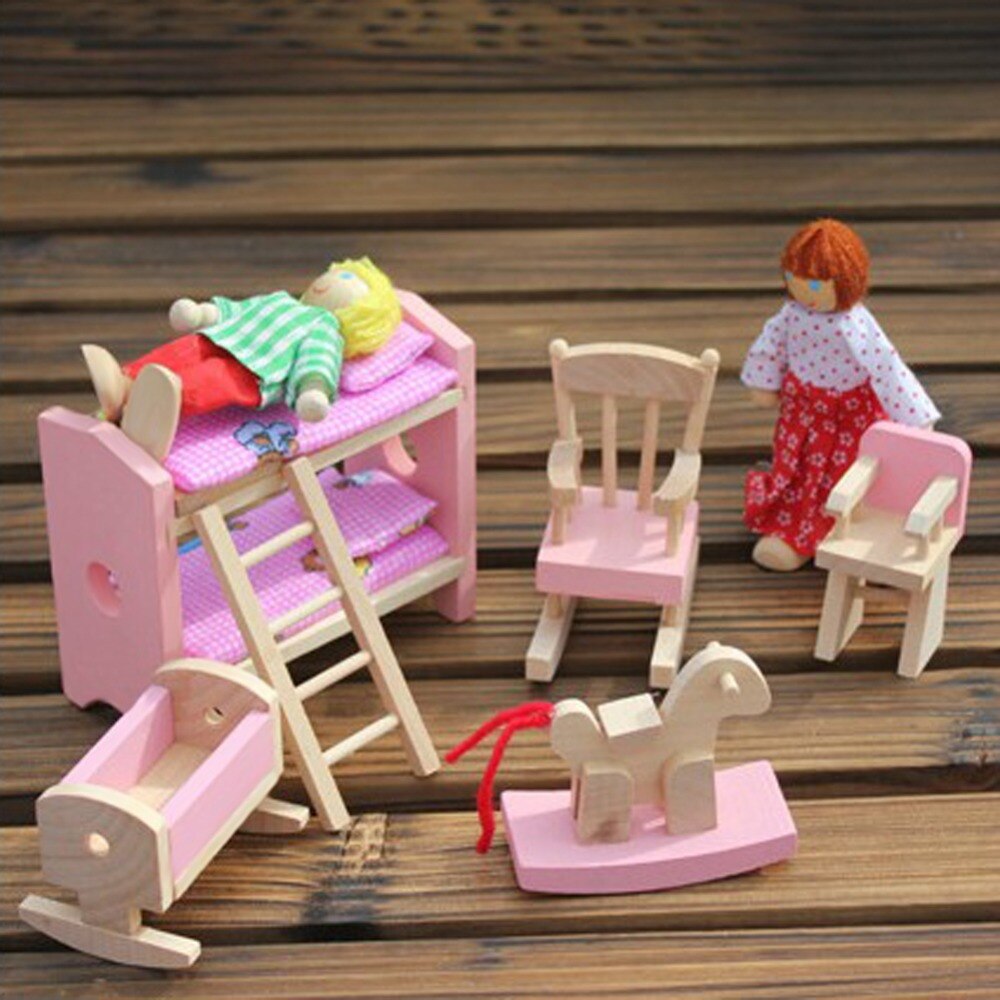 Pink Bathroom Furniture Bunk Bed House Furniture for Dolls Wood Miniature Furniture Wooden Toys