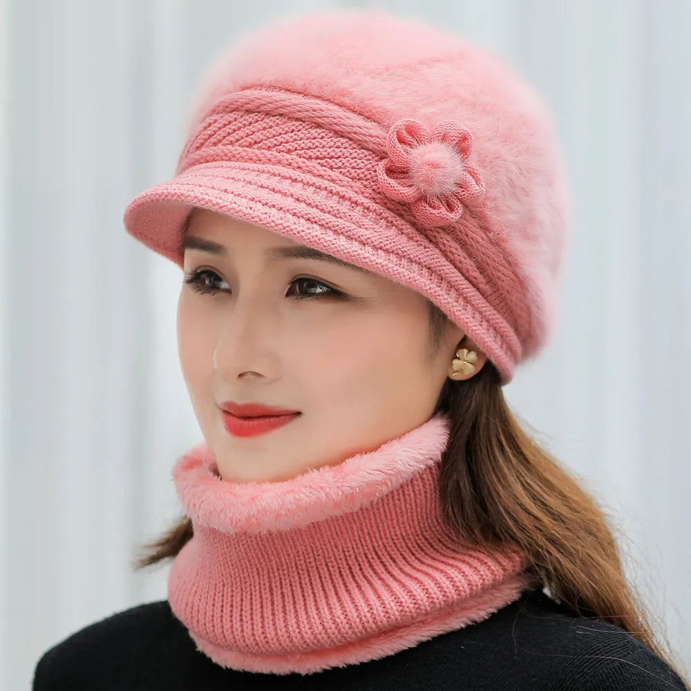 New Women Winter Hat Keep Warm Cap Add Fur Lined Hat & Scarf Warm Set Fashion Hat For Women Casual Faux Fur Flower Knitted Hat