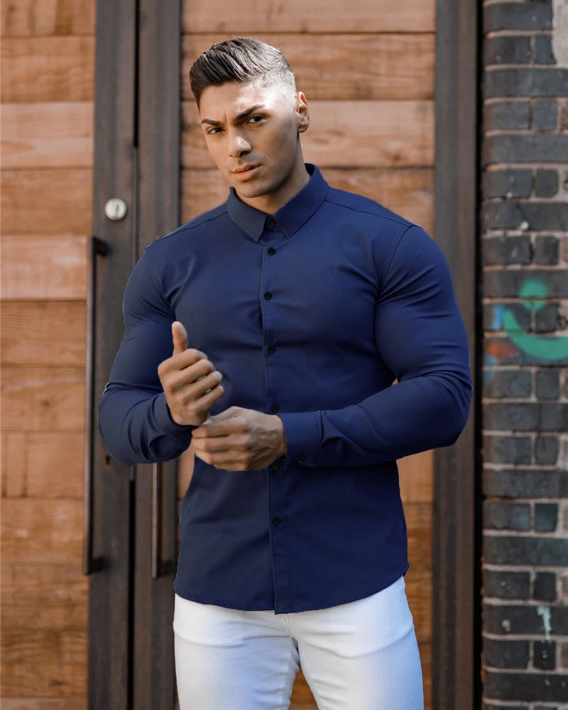 Autumn Fashion Long Sleeve Shirt Men Super Slim Fit