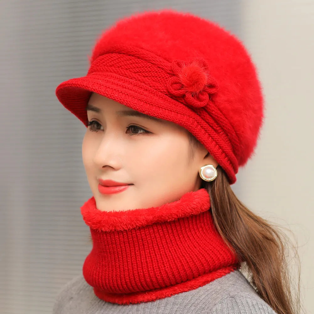 New Women Winter Hat Keep Warm Cap Add Fur Lined Hat & Scarf Warm Set Fashion Hat For Women Casual Faux Fur Flower Knitted Hat