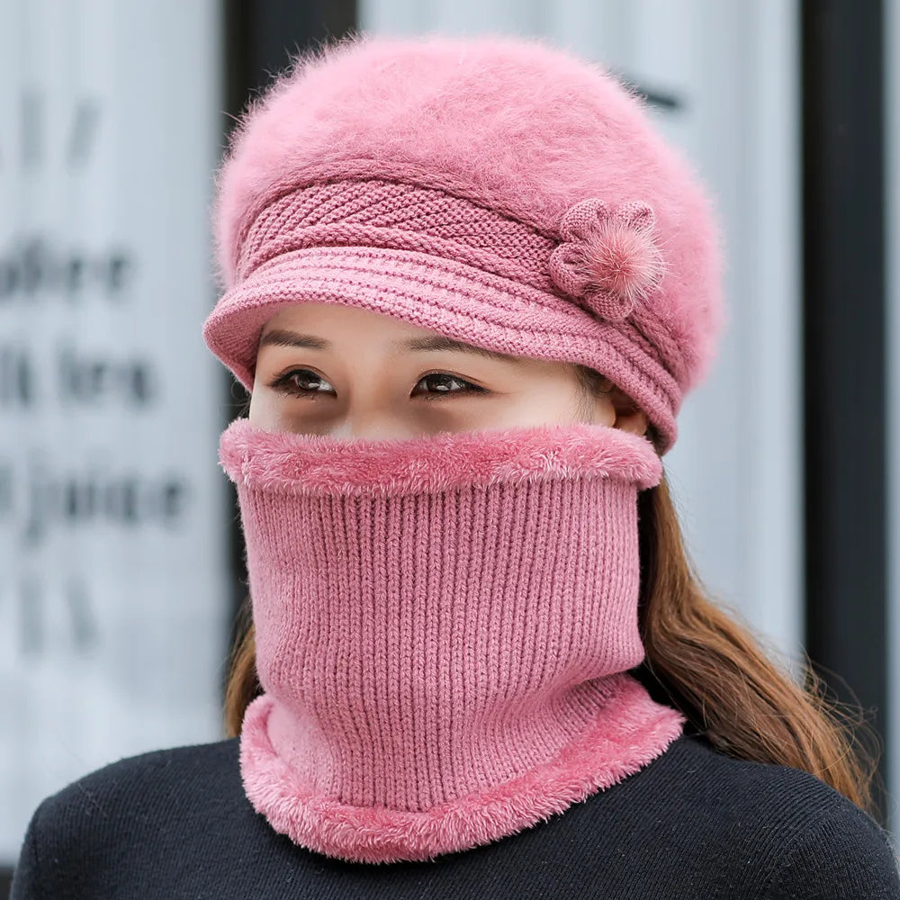 New Women Winter Hat Keep Warm Cap Add Fur Lined Hat & Scarf Warm Set Fashion Hat For Women Casual Faux Fur Flower Knitted Hat