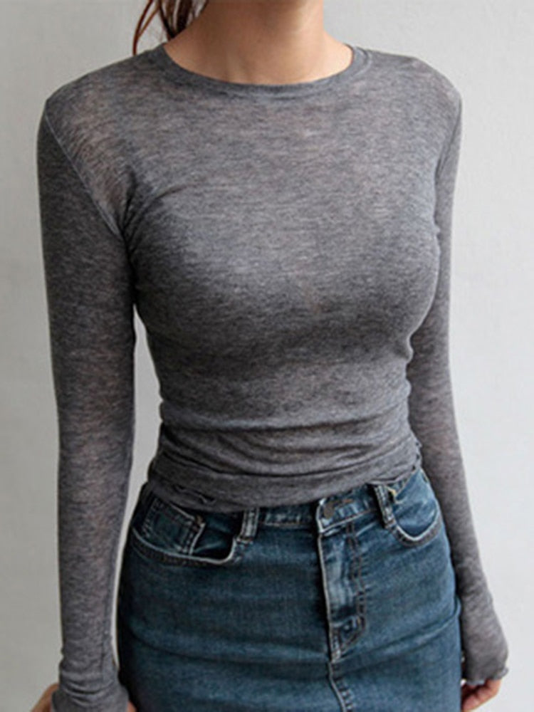 Female Casual Tops Long Sleeve Sexy Thin T-shirt see through