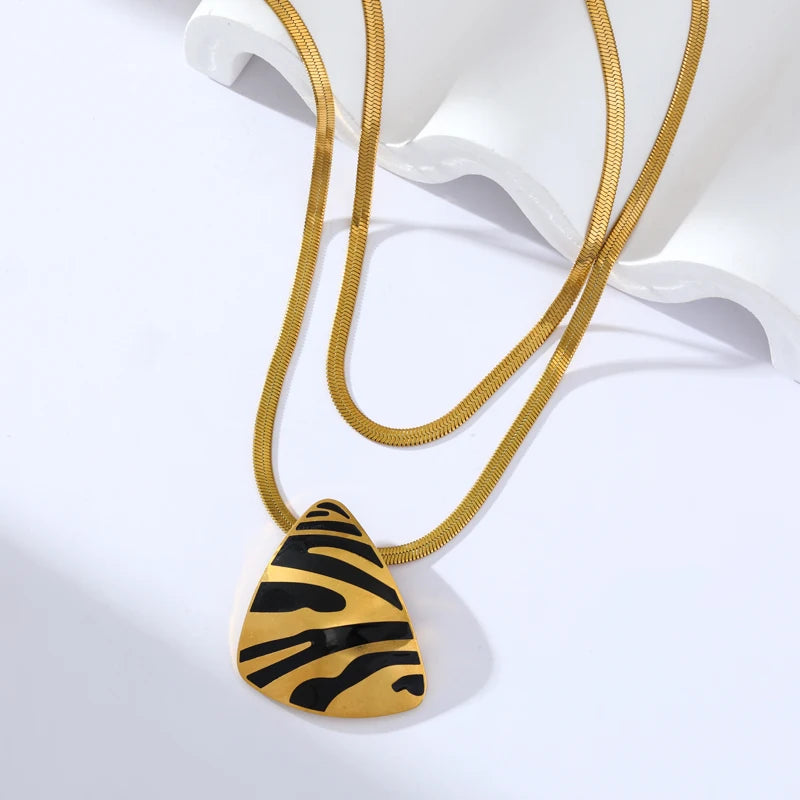 EILIECK 316L Stainless Steel Round Square Tiger Stripe Pendant Necklace For Women Fashion 2-Layers Neck Chian Waterproof Jewelry