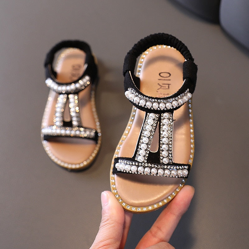 Elegant Pearl Rhinestone Party Princess Shoe Flats Non-slip Casual Girl Beach Sandal