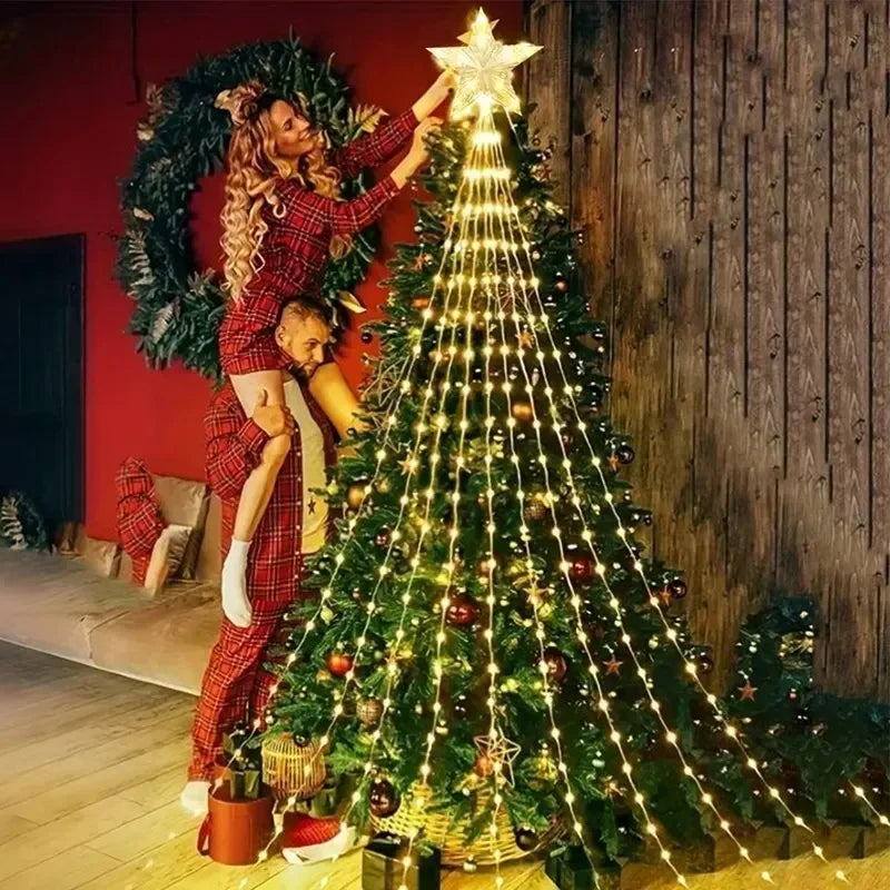 Christmas Waterfall Fairy String Lights with Topper Star, Christmas Tree Decorations 2024 for Home Holiday Decor New Year 2025