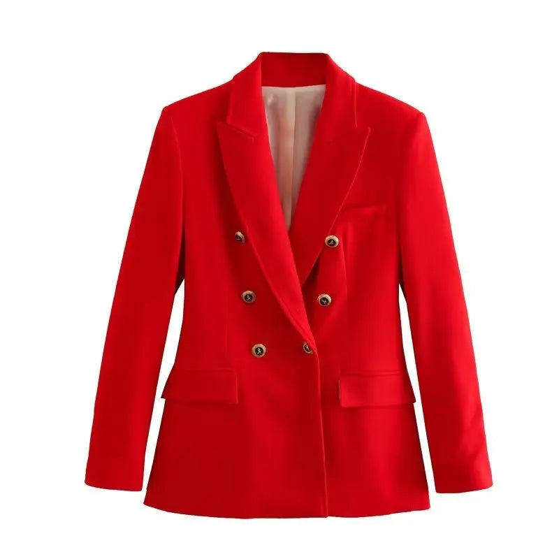 TRAFZA Fashion Women Long Sleeve Lapel Fake Pocket Decorate Suit Outerwear Women Elegant Double-Breasted Solid Five Colors Suit