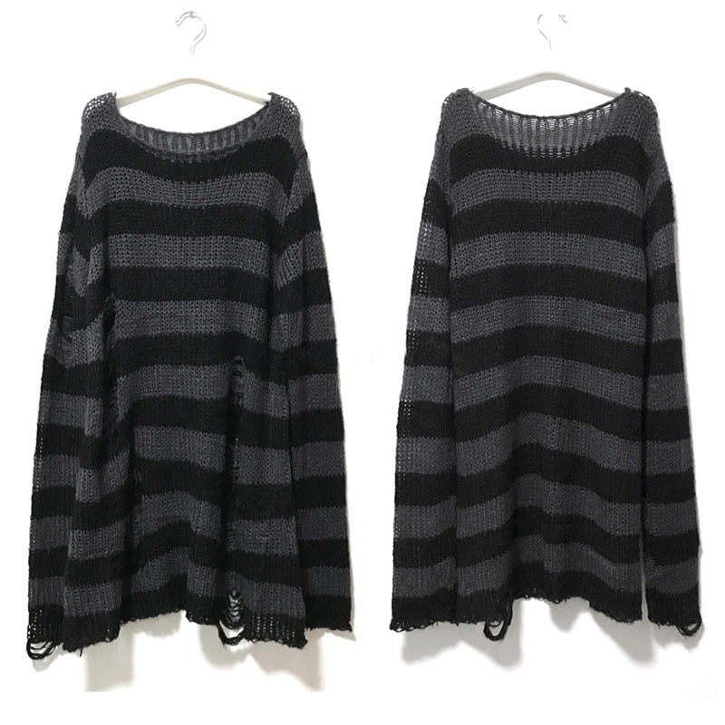 Summer Women Striped Cool Hollow Out Hole Broken Jumper Loose Rock Thin Dark Streetwear Top