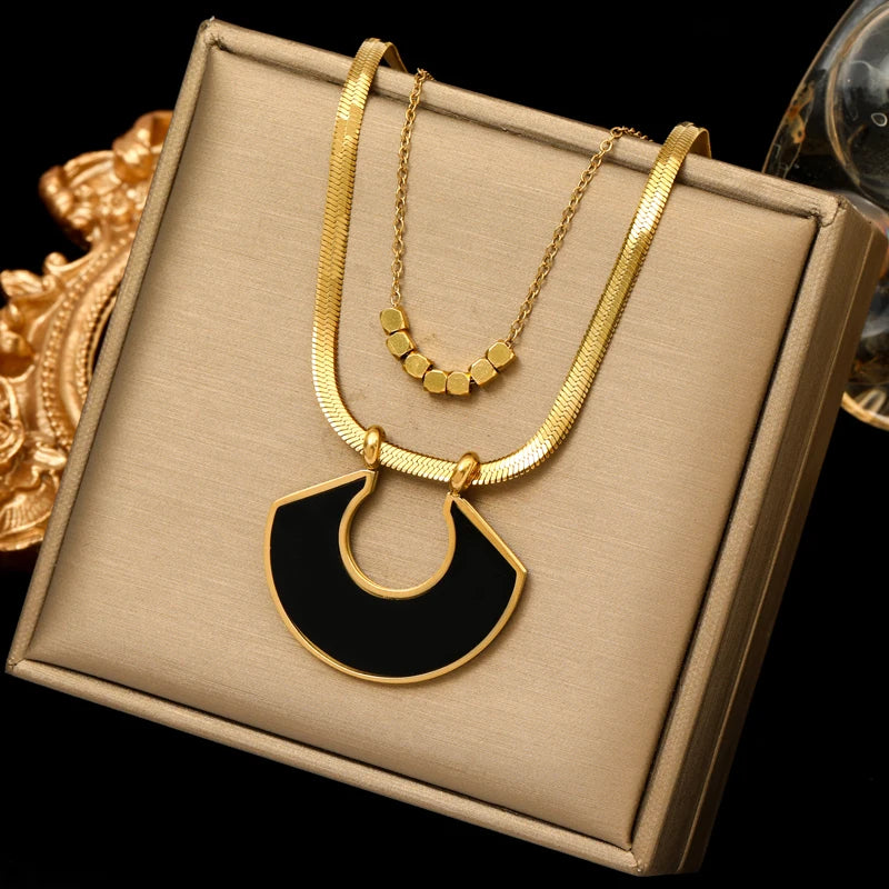 EILIECK 316L Stainless Steel Round Square Tiger Stripe Pendant Necklace For Women Fashion 2-Layers Neck Chian Waterproof Jewelry