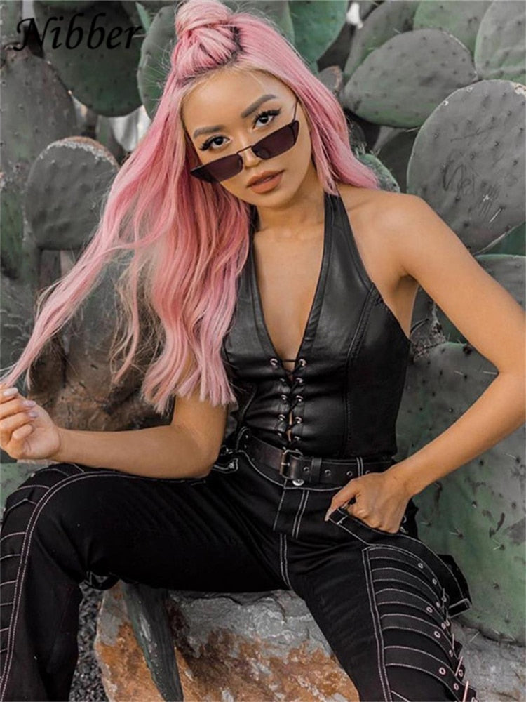 Black Leather Crop Top Womens Backless Camisole