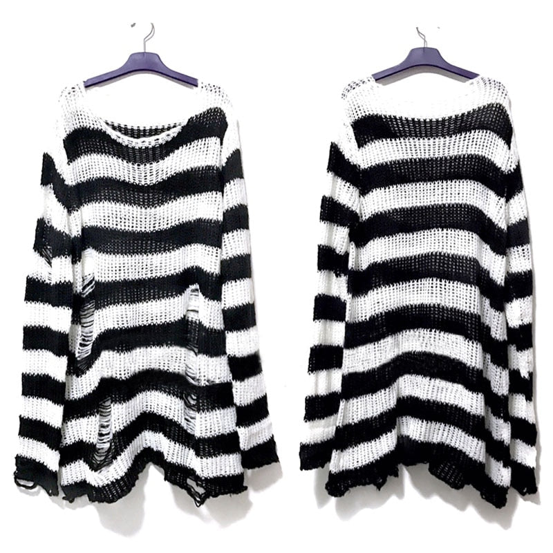 Summer Women Striped Cool Hollow Out Hole Broken Jumper Loose Rock Thin Dark Streetwear Top