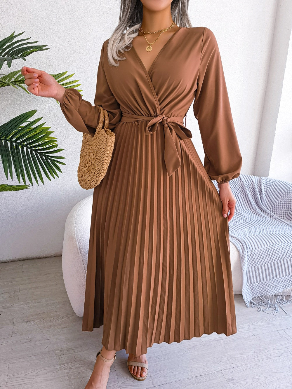Elegant V Neck Long Sleeve Pleated Maxi Dress For Women