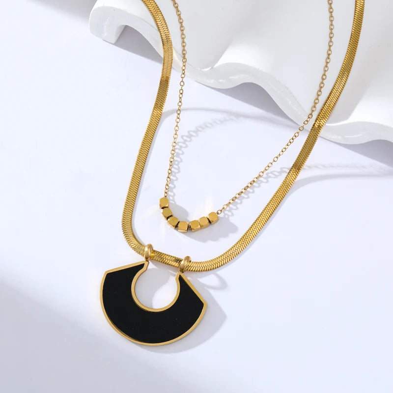EILIECK 316L Stainless Steel Round Square Tiger Stripe Pendant Necklace For Women Fashion 2-Layers Neck Chian Waterproof Jewelry