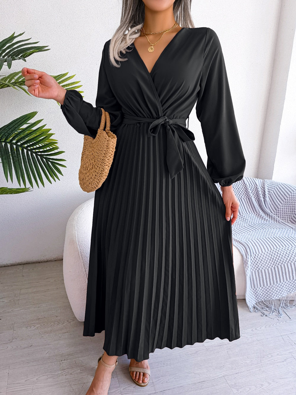 Elegant V Neck Long Sleeve Pleated Maxi Dress For Women