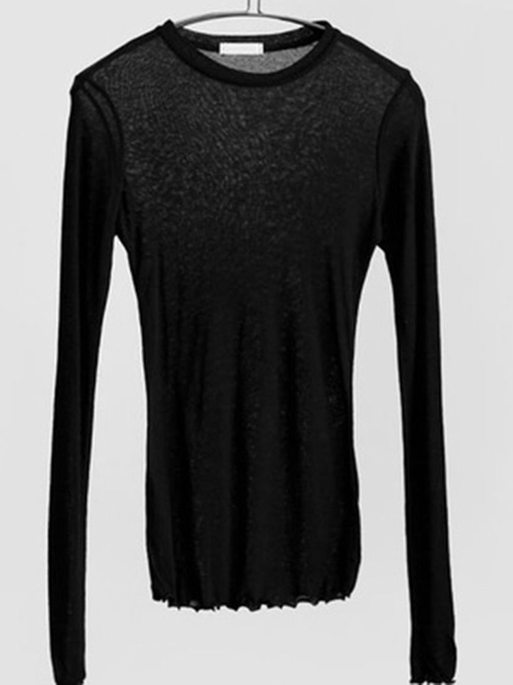 Female Casual Tops Long Sleeve Sexy Thin T-shirt see through