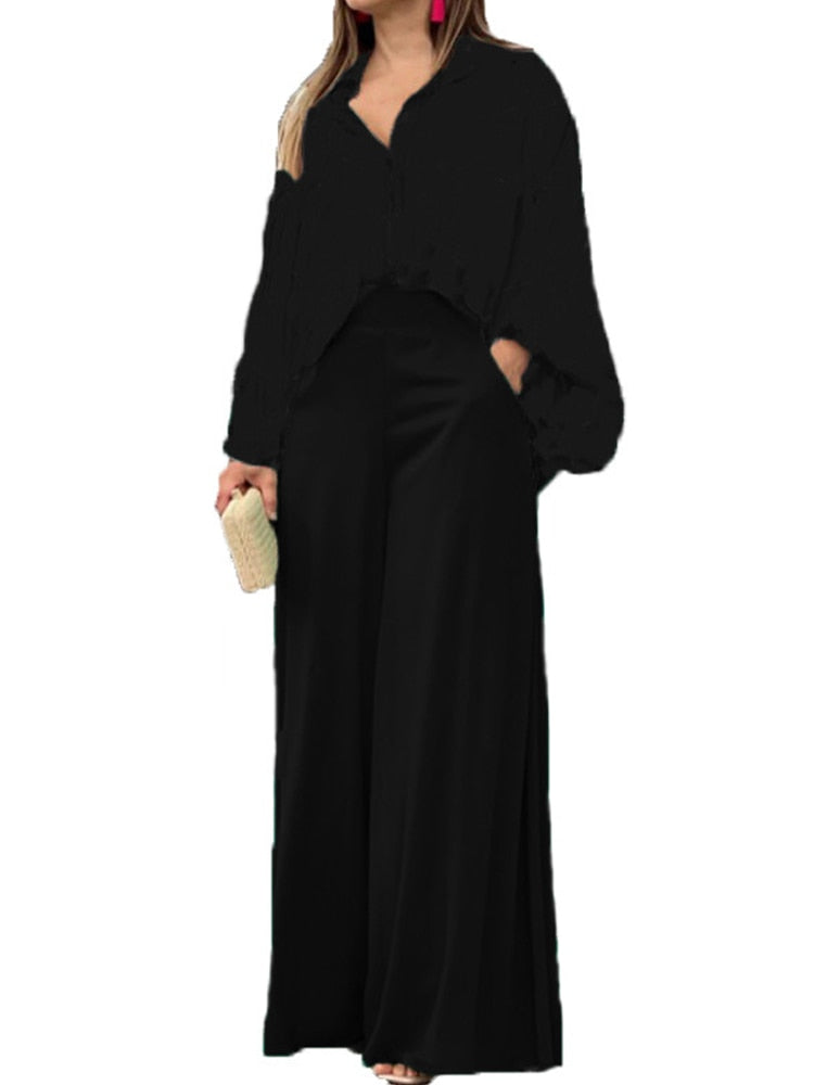 European and American Women's New Print Casual Suit Loose Large Polo Shirt High Waist Wide Leg Pants 2 Piece Set