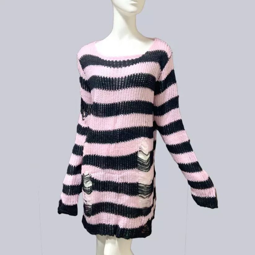Summer Women Striped Cool Hollow Out Hole Broken Jumper Loose Rock Thin Dark Streetwear Top
