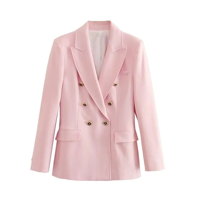 TRAFZA Fashion Women Long Sleeve Lapel Fake Pocket Decorate Suit Outerwear Women Elegant Double-Breasted Solid Five Colors Suit