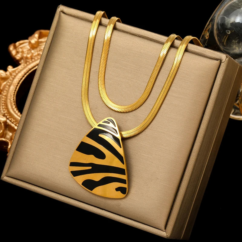 EILIECK 316L Stainless Steel Round Square Tiger Stripe Pendant Necklace For Women Fashion 2-Layers Neck Chian Waterproof Jewelry