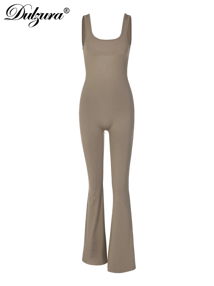 Dulzura 2023 Women Solid Ruched Backless Cut Out Tank Unitard Jumpsuit Hollow Out Flared Pants Sexy Y2K Sleeveless Outfits