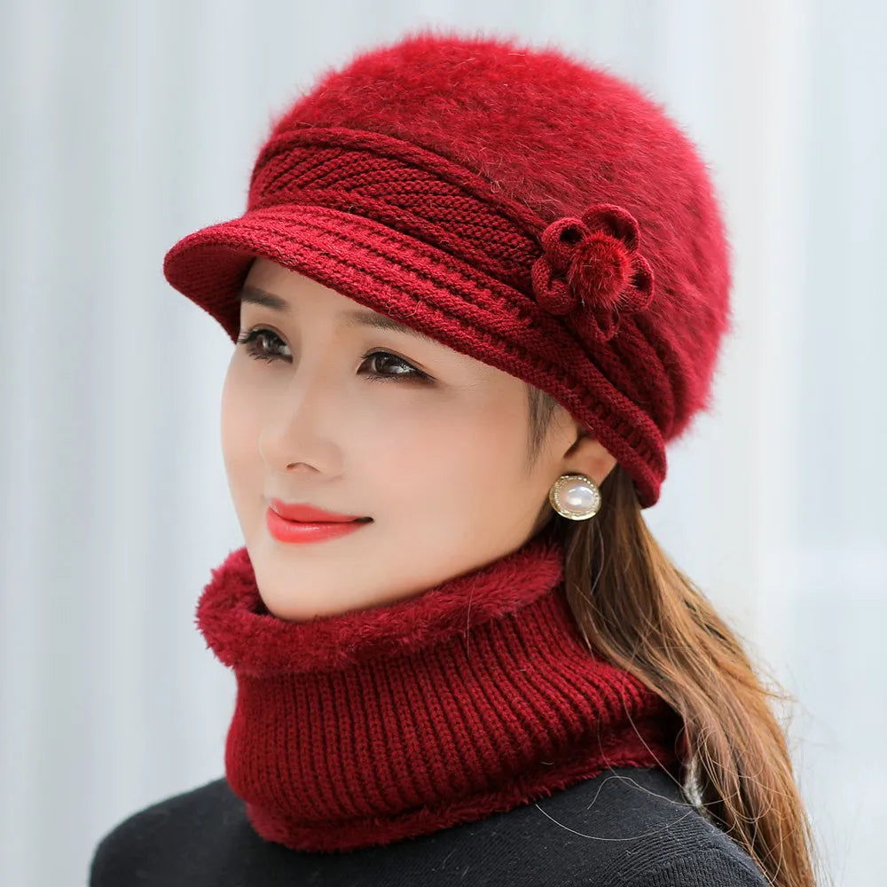 New Women Winter Hat Keep Warm Cap Add Fur Lined Hat & Scarf Warm Set Fashion Hat For Women Casual Faux Fur Flower Knitted Hat