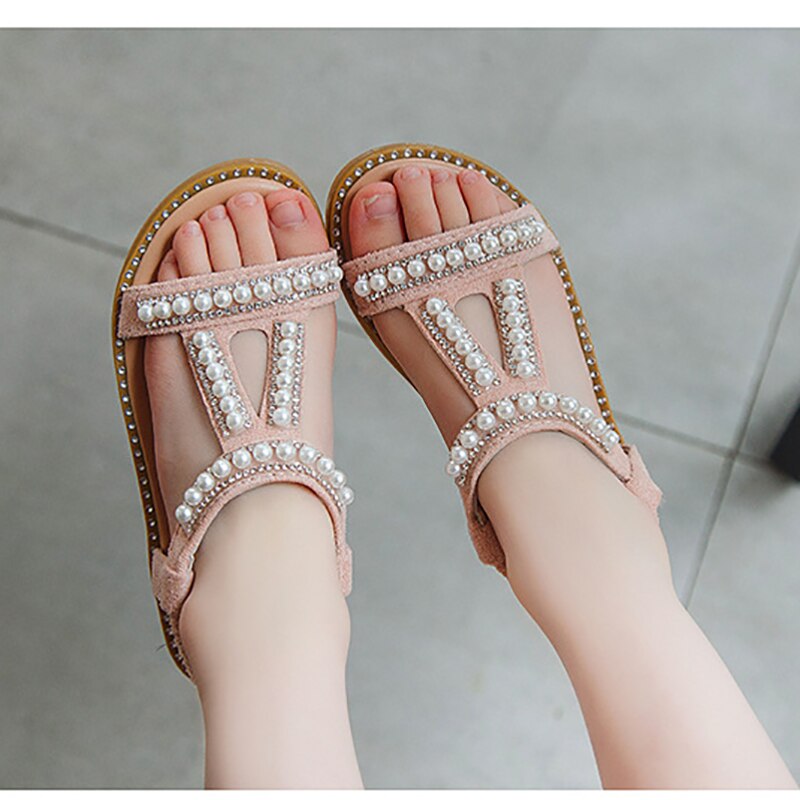 Elegant Pearl Rhinestone Party Princess Shoe Flats Non-slip Casual Girl Beach Sandal