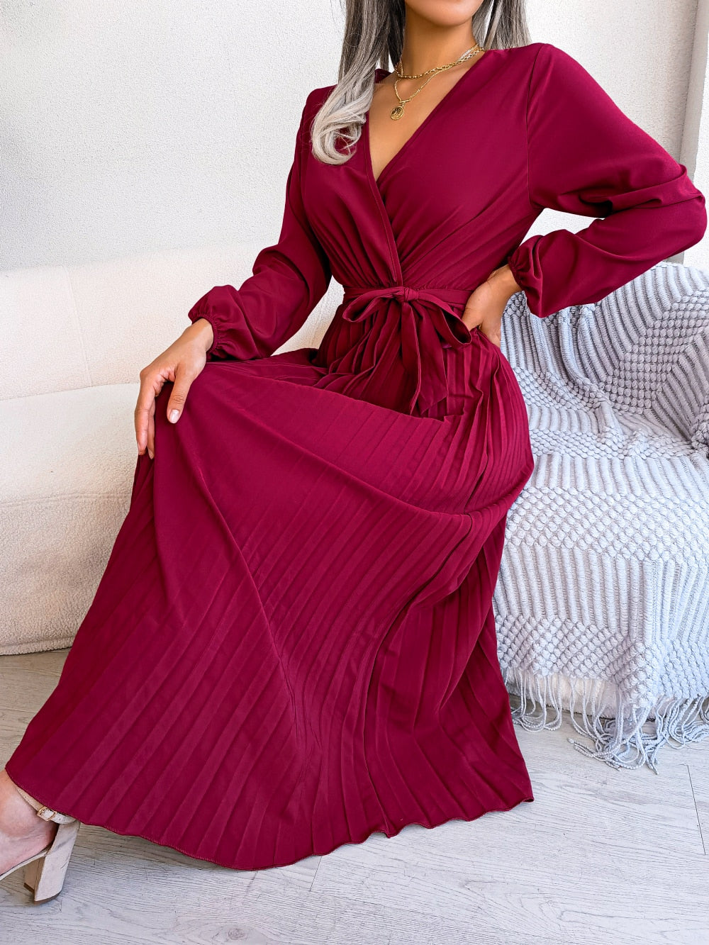 Elegant V Neck Long Sleeve Pleated Maxi Dress For Women