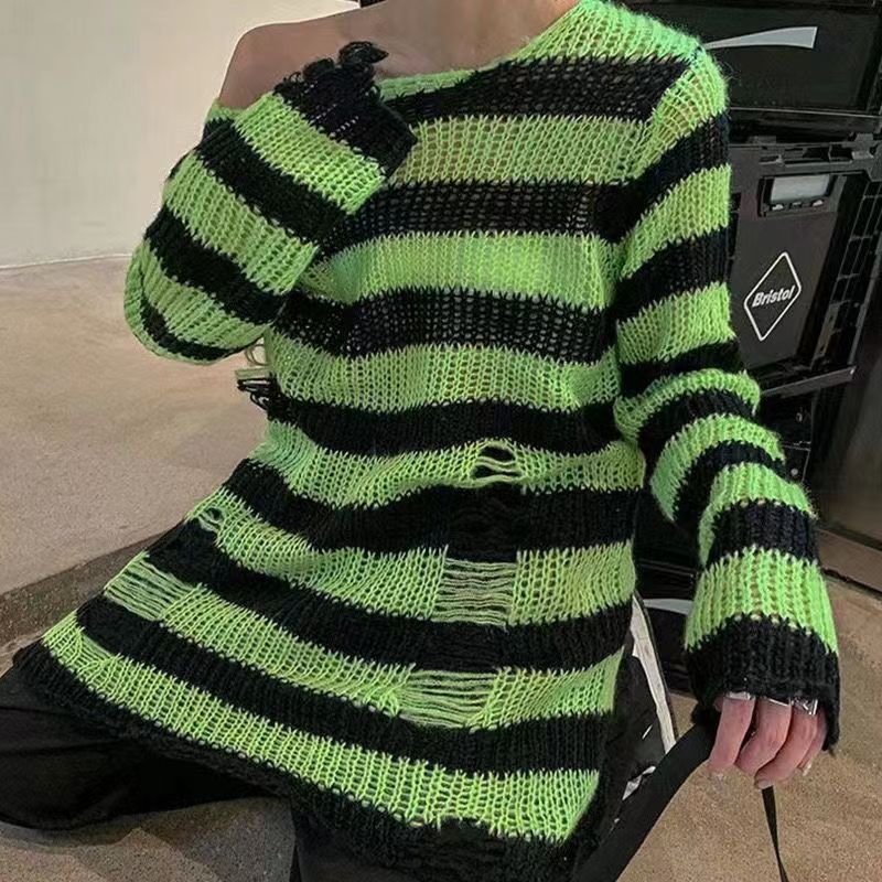 Summer Women Striped Cool Hollow Out Hole Broken Jumper Loose Rock Thin Dark Streetwear Top