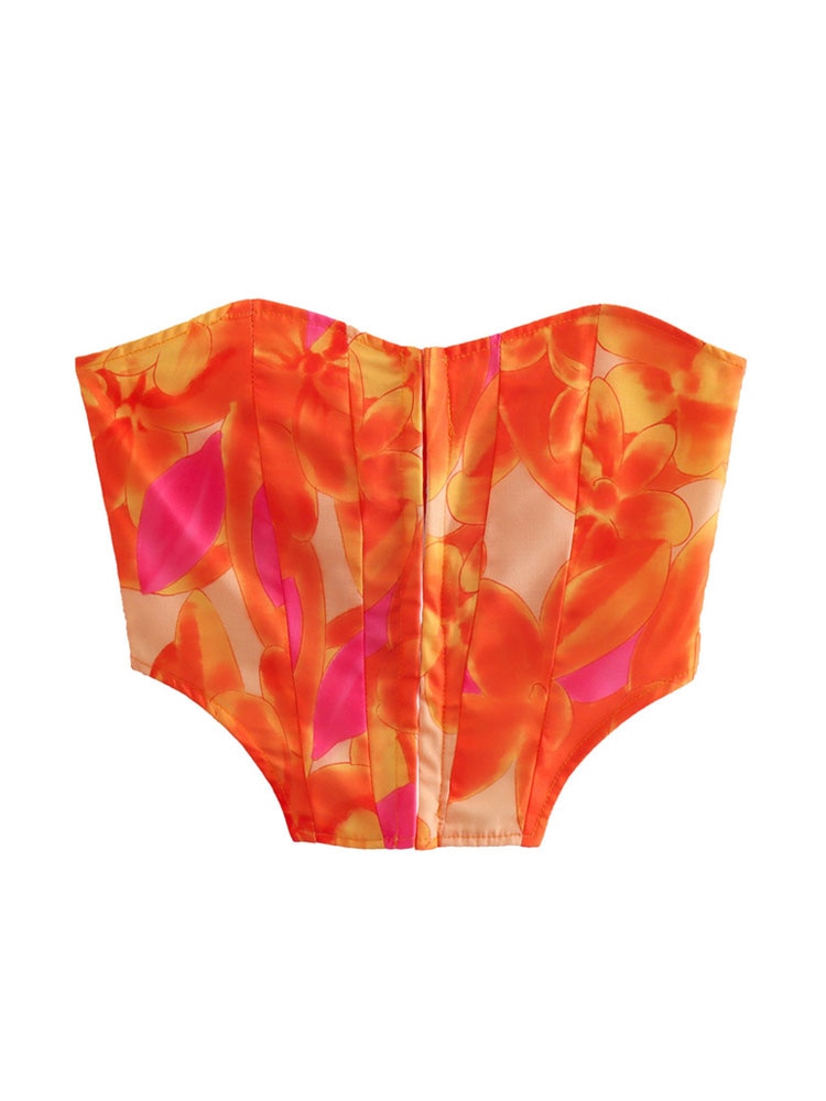Women Fashion Front Metal Hooks Printed Bustier Tops And High Waist With Bow Tied Mini Skirt Female Two Piece Sets