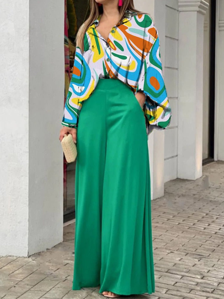 European and American Women's New Print Casual Suit Loose Large Polo Shirt High Waist Wide Leg Pants 2 Piece Set