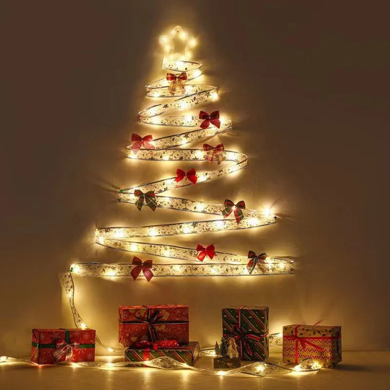 Christmas Ribbon Fairy Light Christmas Decoration DIY Bows String Light Tree Ornaments For Home 2024 Xmas Decor New Year Navidad