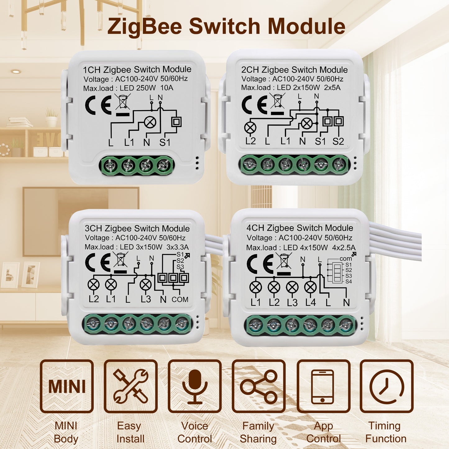 ZigBee 3.0 Switch Module 10A Smart Home DIY Breaker 1 2 3 4 Gang Supports 2 Way Control Works with Alexa Google Home