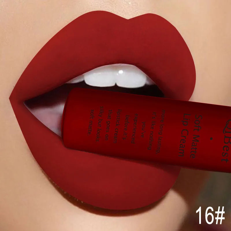 QIBEST Matte Liquid Lipstick Waterproof Lasting Velvet Lip Gloss Tint Tube Nude Pigment Red Black Purple Orange Lipstick Makeup