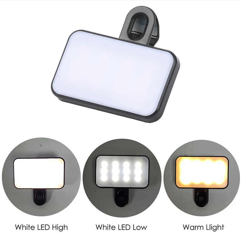Portable Mini Selfie LED Fill Light Rechargeable 3 Modes Adjustable Brightness Clip On For Phone, Laptop, Tablet fill light