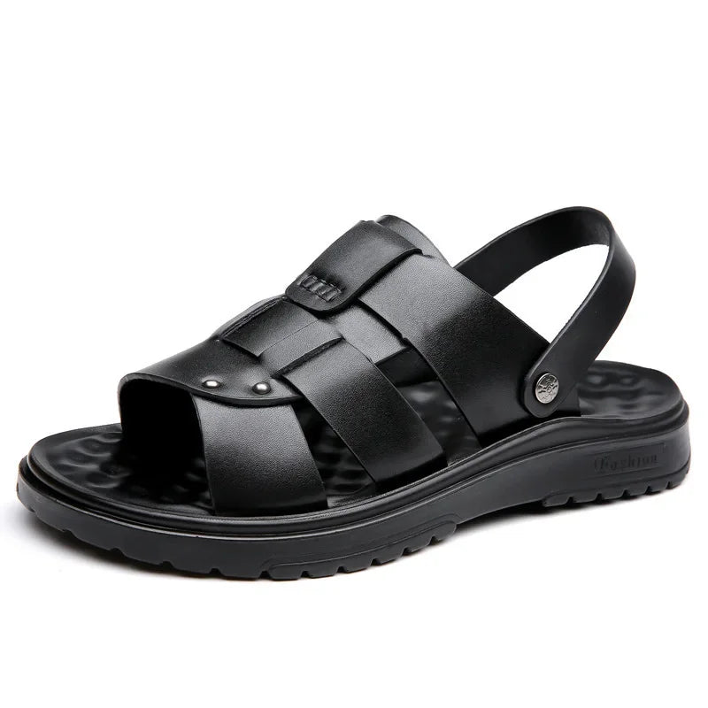 Trendy Men's Leather Sandals Soft Bottom Beach Shoes Large Size Cross-Border TEMU New Style Comfortable Breathable Footwear