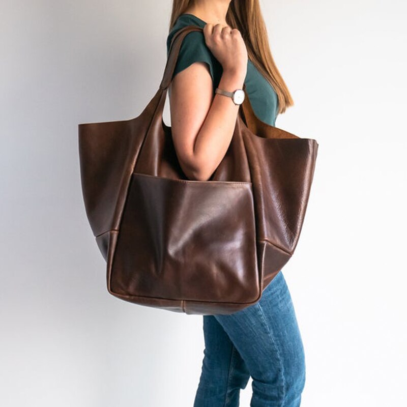 Retro Handmade Big Beach Bag High Capacity Zipper Shoulder Solid Color Multifunction Handbags For Ladies
