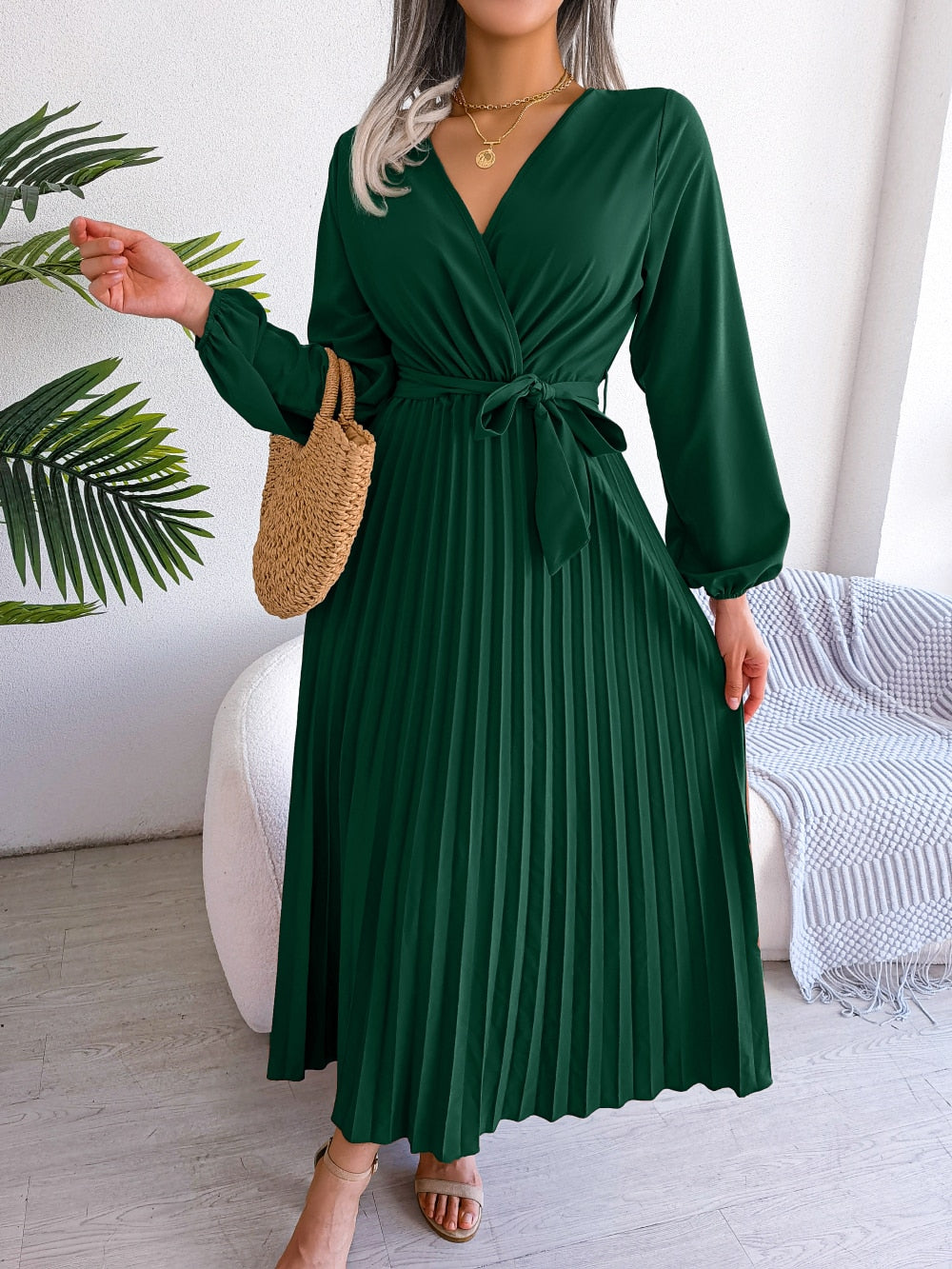 Elegant V Neck Long Sleeve Pleated Maxi Dress For Women