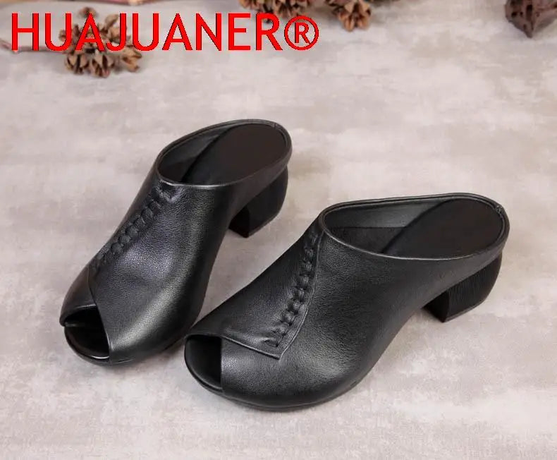 Women Thick-heeled Soft Leather Outer Slippers Fish Mouth Comfortable Versatile Mid-heeled Women Sandals Women's Mother's Shoes