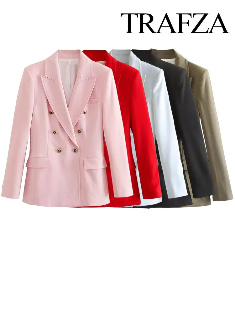 TRAFZA Fashion Women Long Sleeve Lapel Fake Pocket Decorate Suit Outerwear Women Elegant Double-Breasted Solid Five Colors Suit