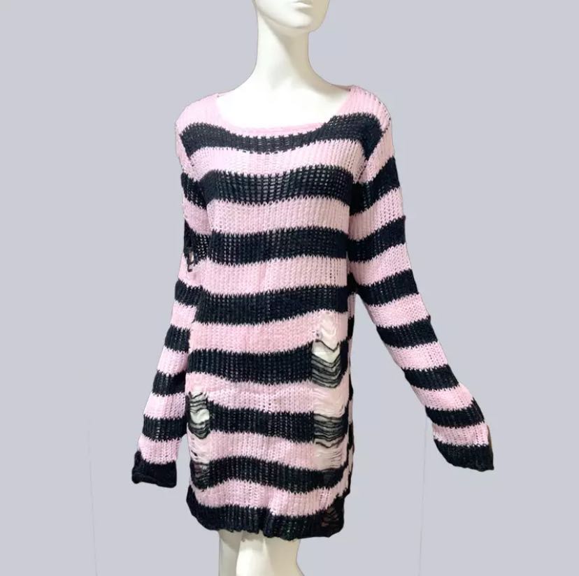 Summer Women Striped Cool Hollow Out Hole Broken Jumper Loose Rock Thin Dark Streetwear Top