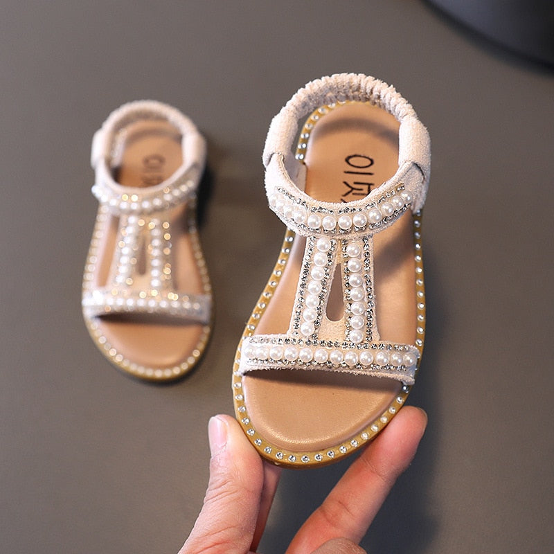 Elegant Pearl Rhinestone Party Princess Shoe Flats Non-slip Casual Girl Beach Sandal