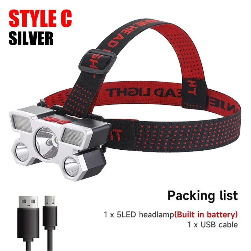 USB Rechargeable 5 LED Headlamp Super Bright Head-Mounted Strong Flashlight Built-in Battery Outdoor Camping Night Fishing Lamp