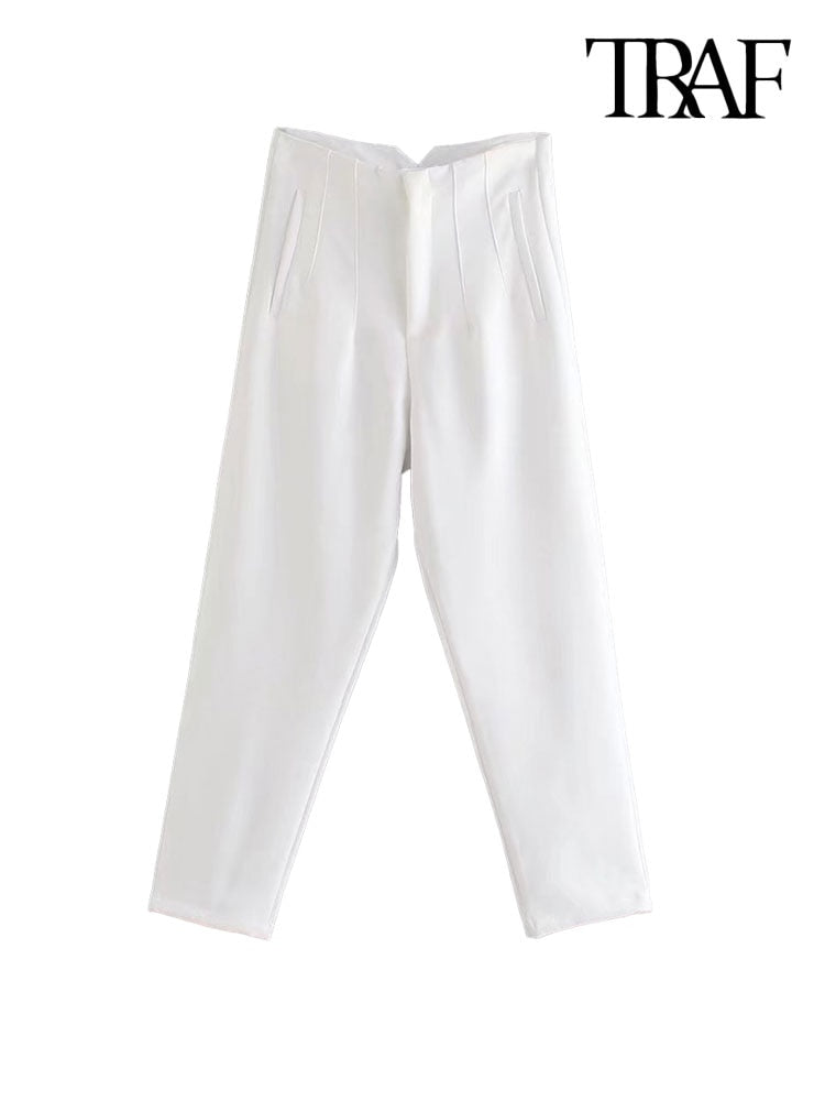 High Waist Zipper Fly Female Ankle Trousers