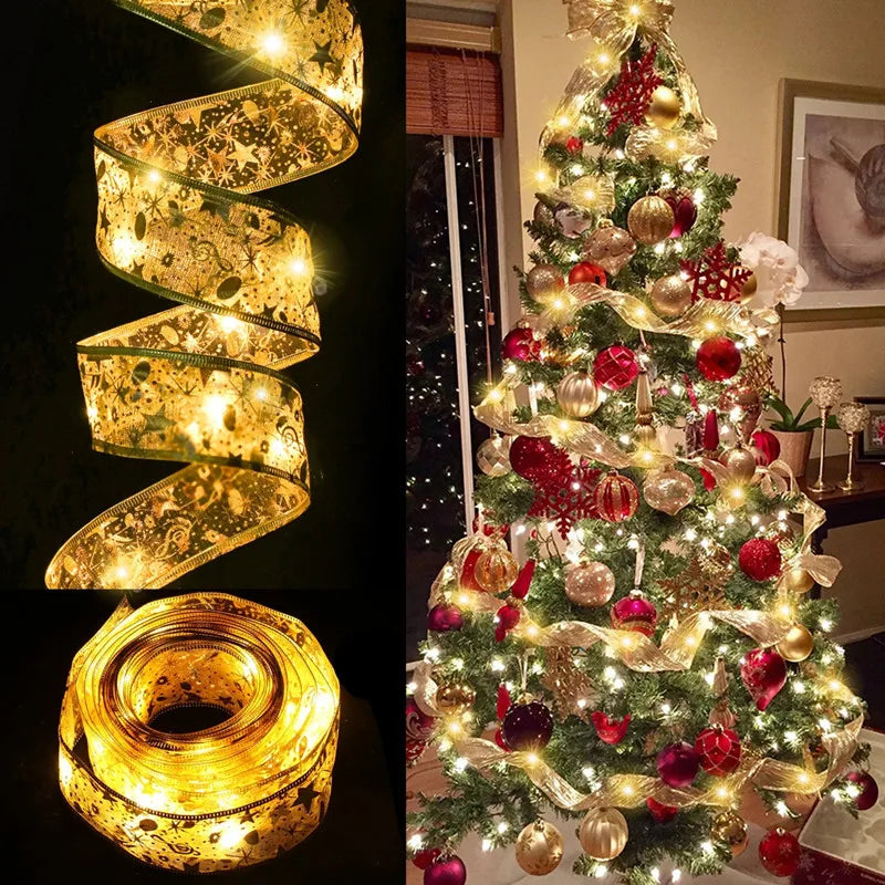 Christmas Ribbon Fairy Light Christmas Decoration DIY Bows String Light Tree Ornaments For Home 2024 Xmas Decor New Year Navidad