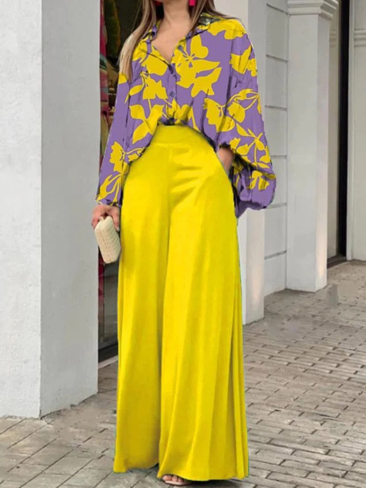 European and American Women's New Print Casual Suit Loose Large Polo Shirt High Waist Wide Leg Pants 2 Piece Set