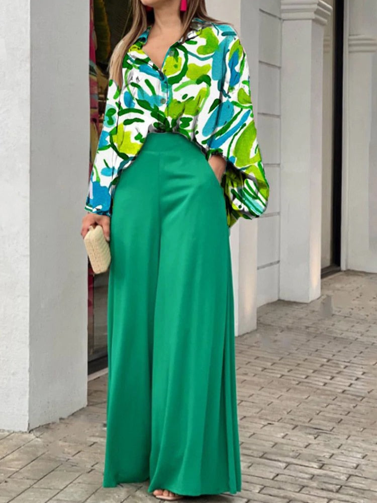 European and American Women's New Print Casual Suit Loose Large Polo Shirt High Waist Wide Leg Pants 2 Piece Set