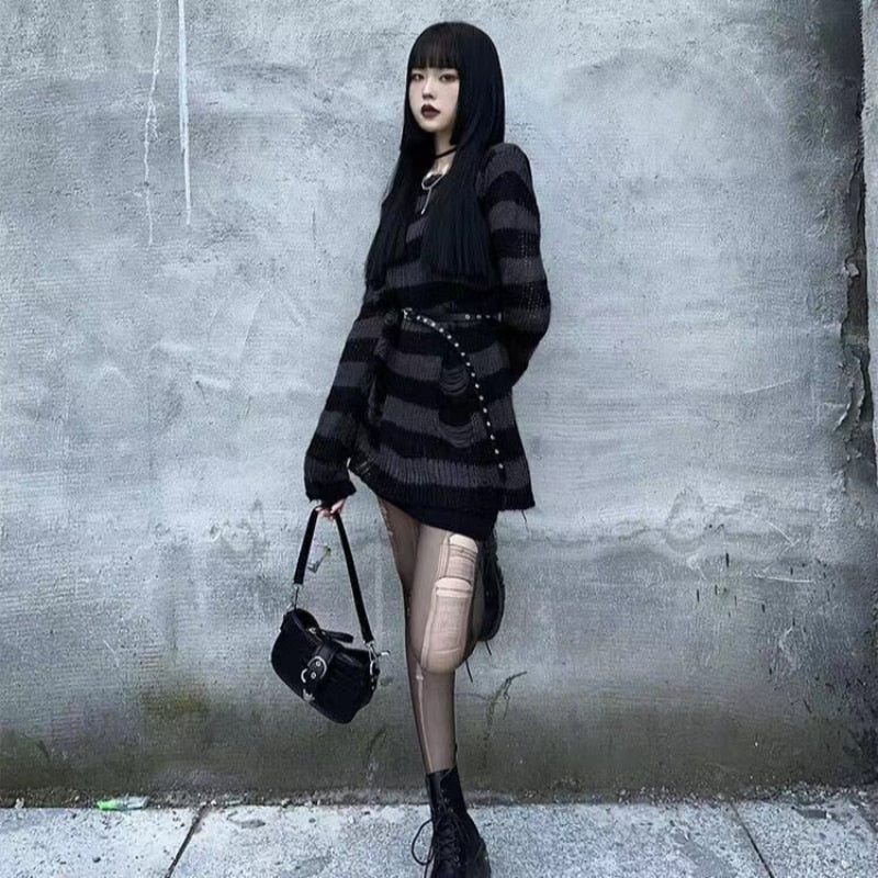 Summer Women Striped Cool Hollow Out Hole Broken Jumper Loose Rock Thin Dark Streetwear Top
