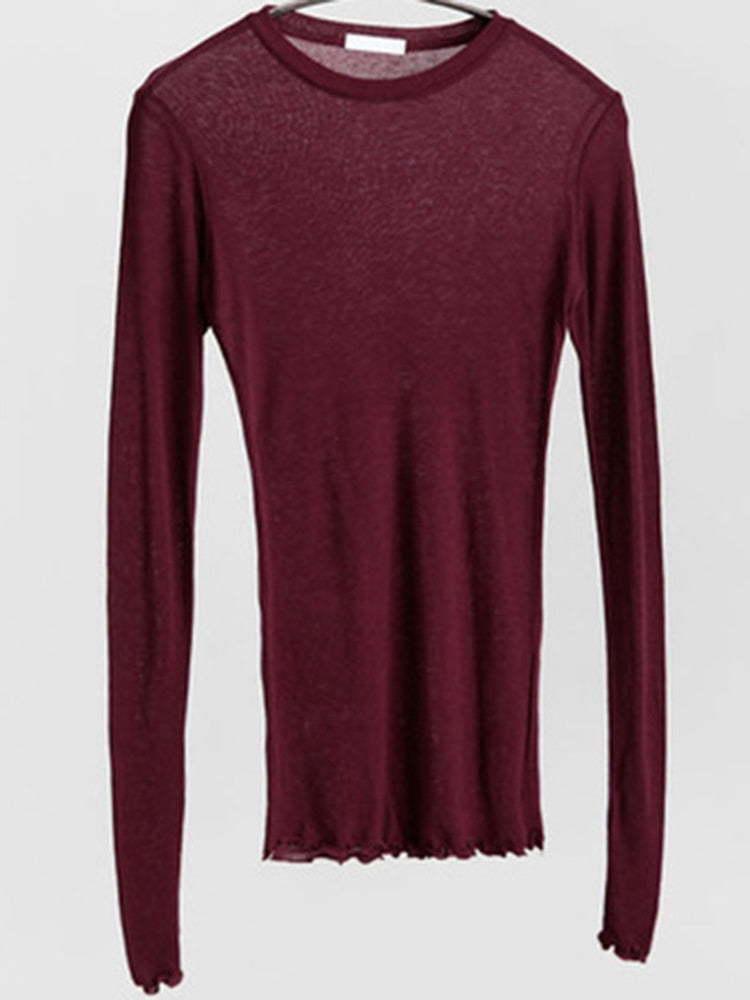 Female Casual Tops Long Sleeve Sexy Thin T-shirt see through